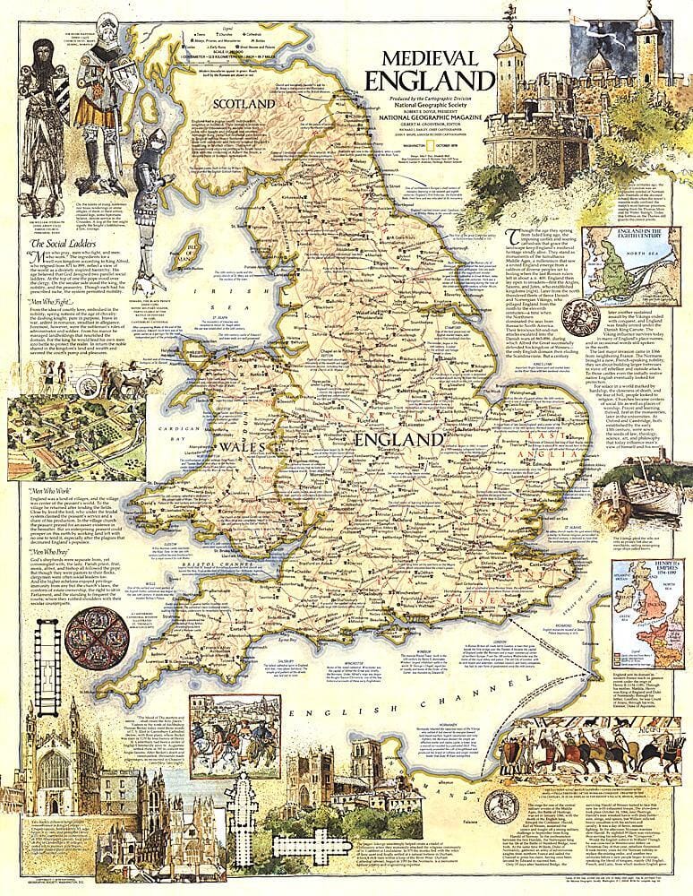 1979 Medieval England Map Wall Map 