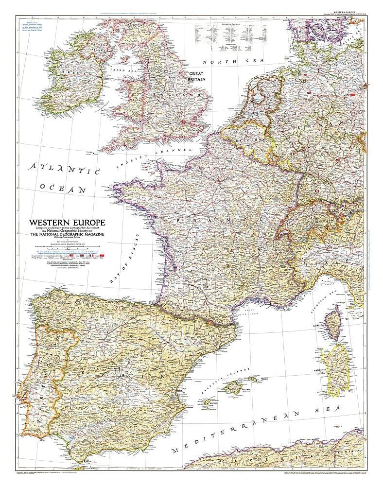 1950 Western Europe Map Wall Map 