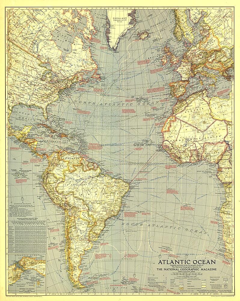 1939 Atlantic Ocean Map Wall Map 