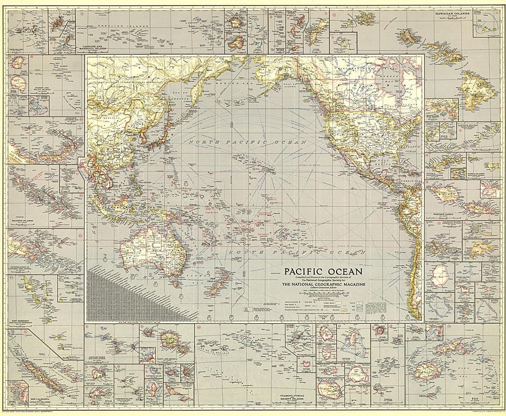 1936 Pacific Ocean Map Wall Map 