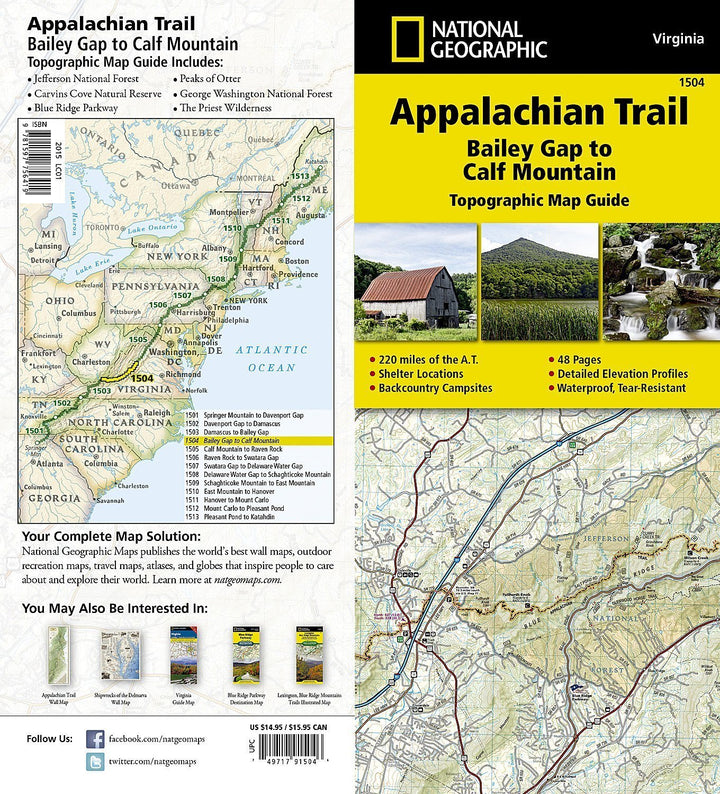 Carte de randonnée de l'Appalachian Trail - Bailey Gap to Calf Mountain (Virginie) - n° 1504 | National Geographic carte pliée National Geographic 