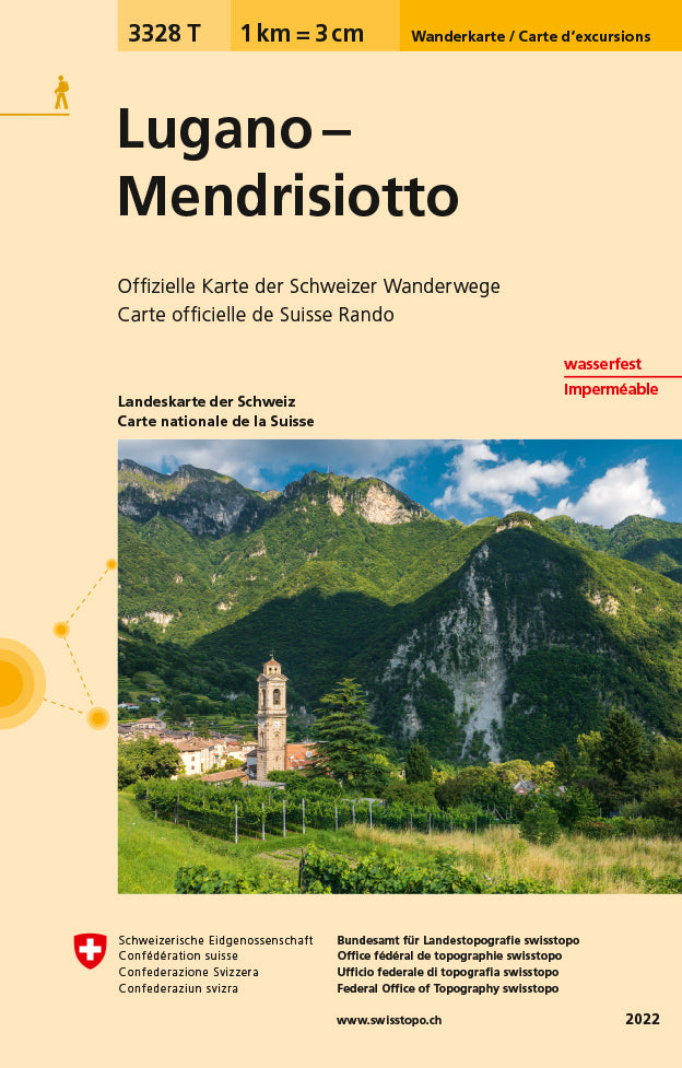 Carte de randonnée imperméable n° 3328T - Lugano - Mendrisiotto (Suisse) | Swisstopo - 1/33 333 carte pliée Swisstopo 