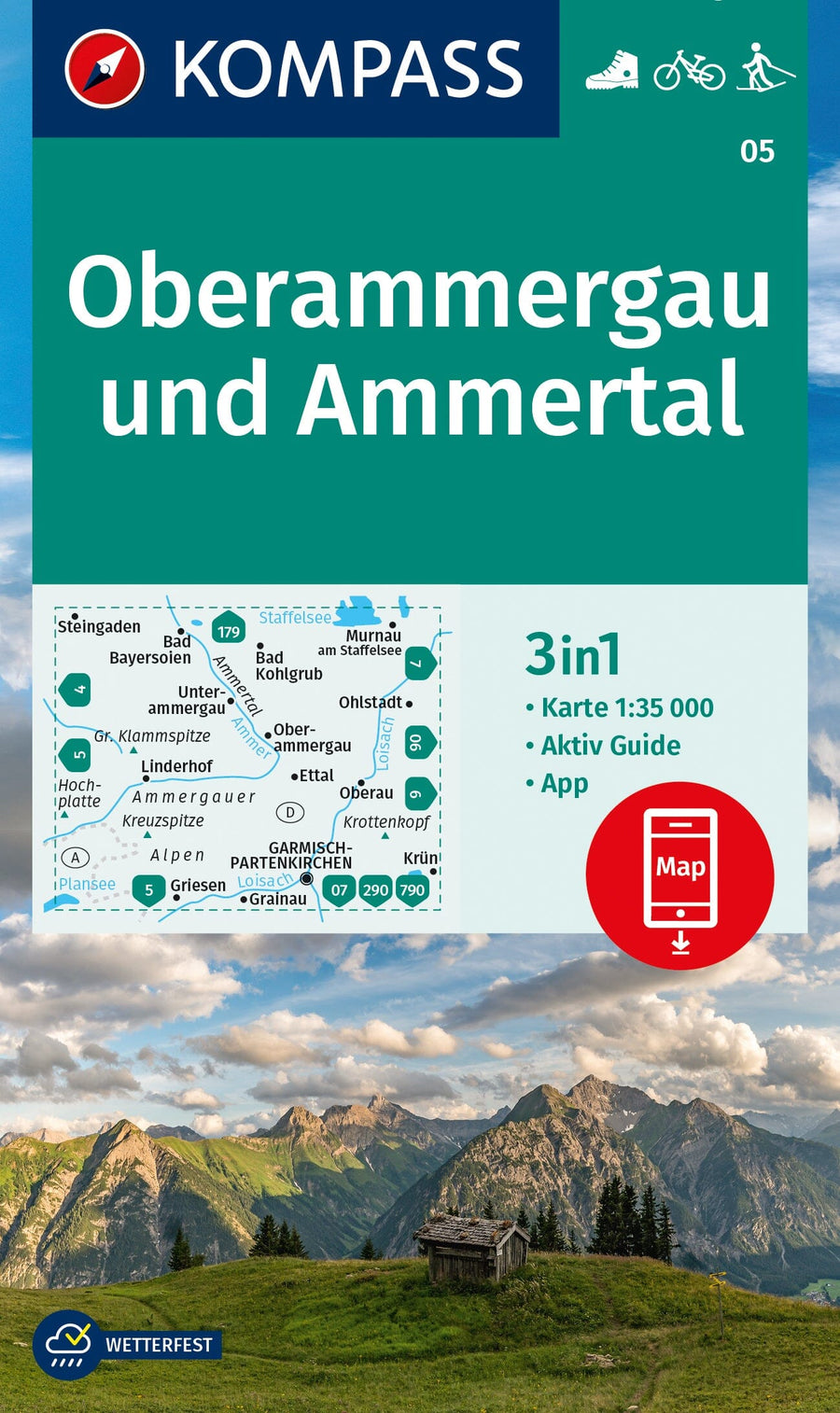 Carte de randonnée n° 005 - Oberammergau, Ammertal +Aktiv Guide (Tyrol, Autriche) | Kompass carte pliée Kompass 