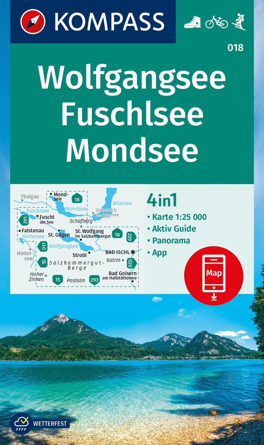 Carte de randonnée n° 018 - Wolfgangsee, Fuschlsee, Mondsee + Aktiv Guide (Autriche) | Kompass carte pliée Kompass 