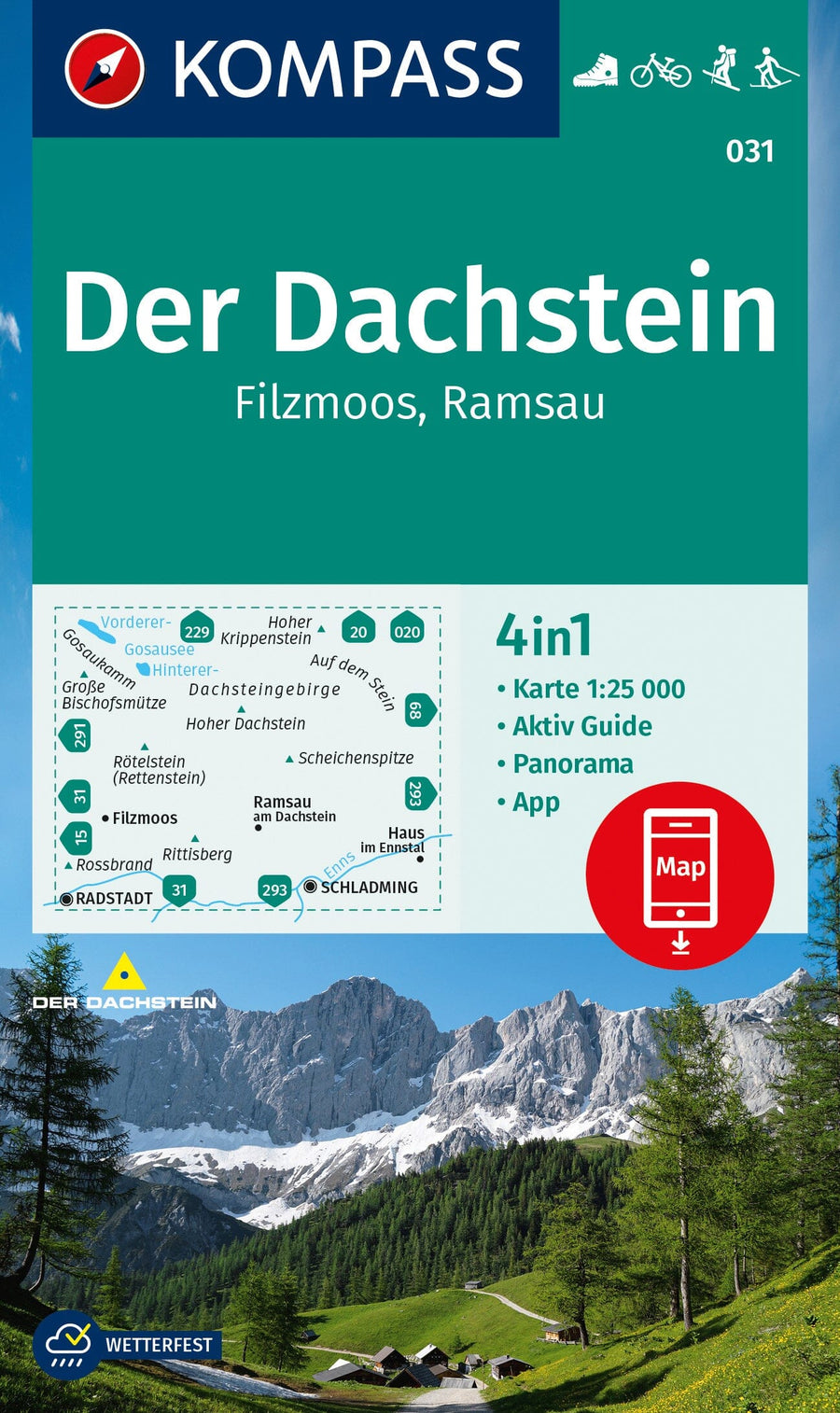 Carte de randonnée n° 031 - Der Dachstein, Ramsau, Filzmoos + Aktiv Guide (Autriche) | Kompass carte pliée Kompass 