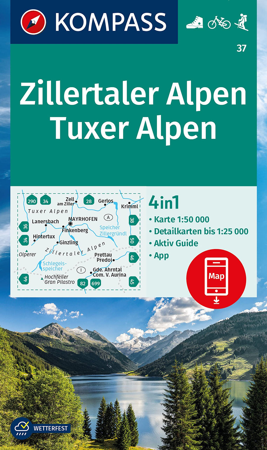 Carte de randonnée n° 037 - Zillertaler Alpen, Tuxer Alpen (Autriche) | Kompass carte pliée Kompass 