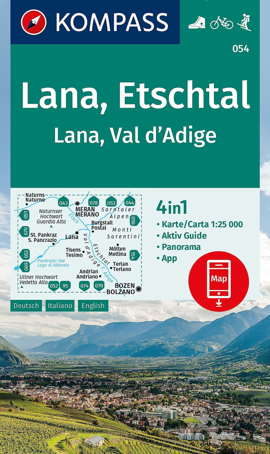 Carte de randonnée n° 054 - Lana, Etschtal, Lana, Val d'Adige (Trentin, Italie) | Kompass carte pliée Kompass 
