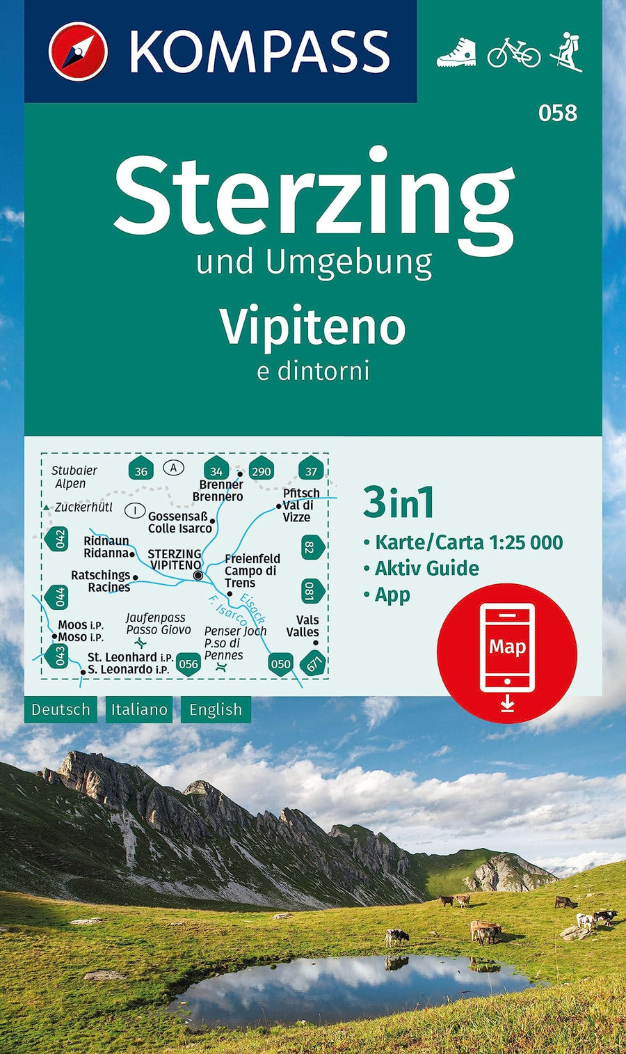 Carte de randonnée n° 058 - Sterzing und Umgebung / Vipiteno e dintorni (Sud Tyrol) | Kompass carte pliée Kompass 
