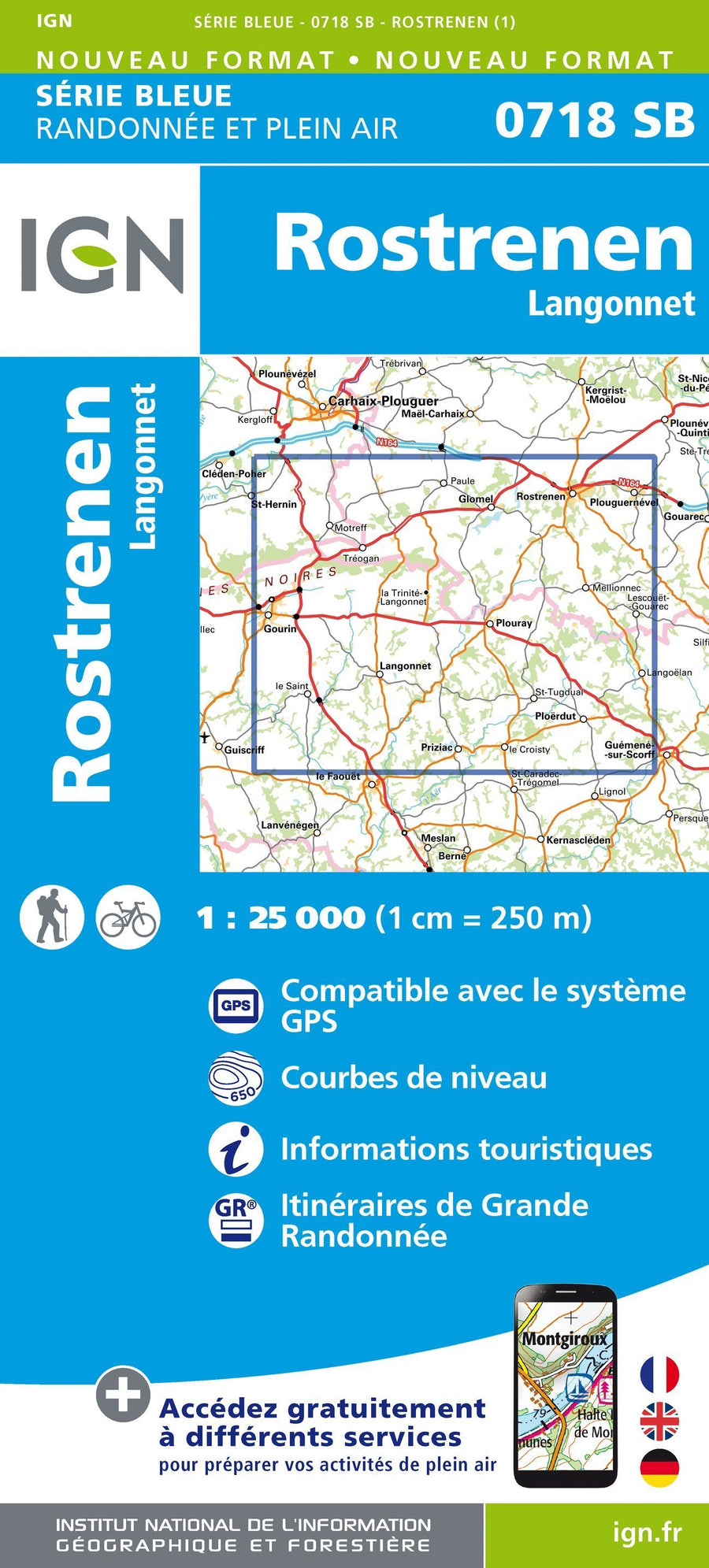 Carte de randonnée n° 0718 - Rostrenen, Langonnet | IGN - Série Bleue carte pliée IGN 