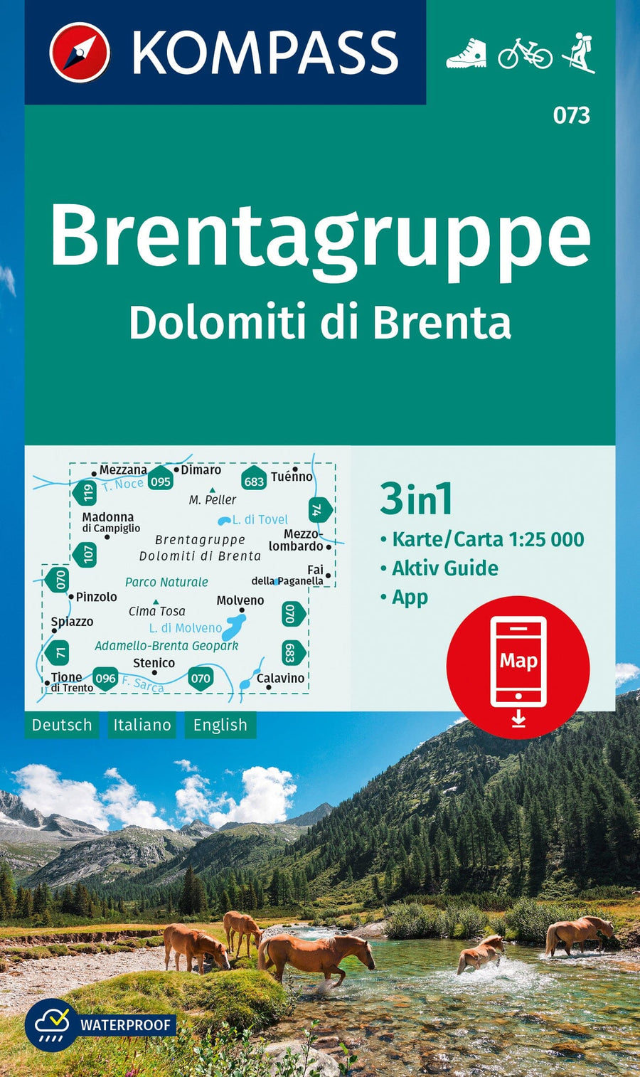 Carte de randonnée n° 073 - Dolomiti di Brenta, Brentagruppe (Italie) | Kompass carte pliée Kompass 