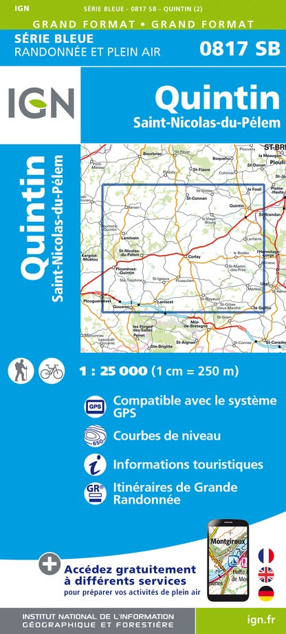 Carte de randonnée n° 0817 - Quintin, St-Nicolas-du-Pelem | IGN - Série Bleue carte pliée IGN 