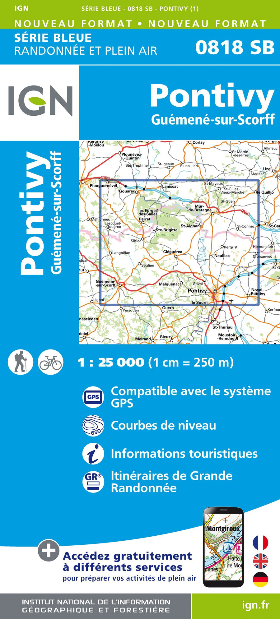 Carte de randonnée n° 0818 - Pontivy, Guémené-sur-Scorff | IGN - Série Bleue carte pliée IGN 