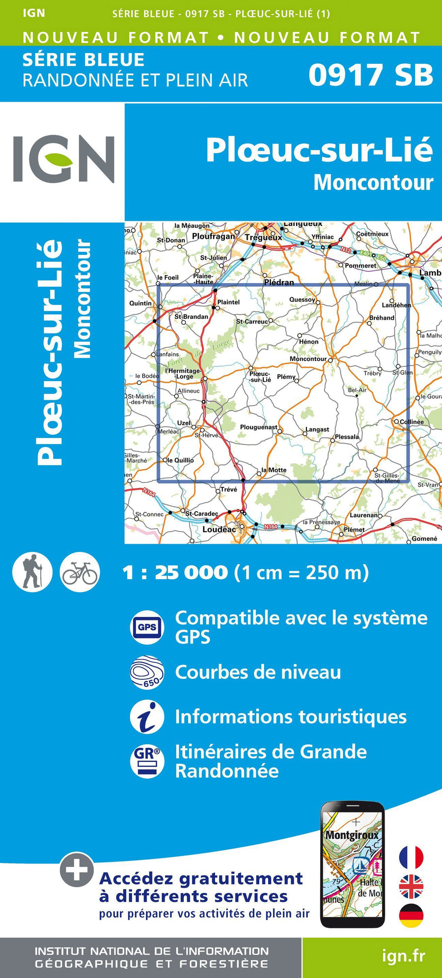 Carte de randonnée n° 0917 - Ploeuc-sur-Lié, Moncontour | IGN - Série Bleue carte pliée IGN 