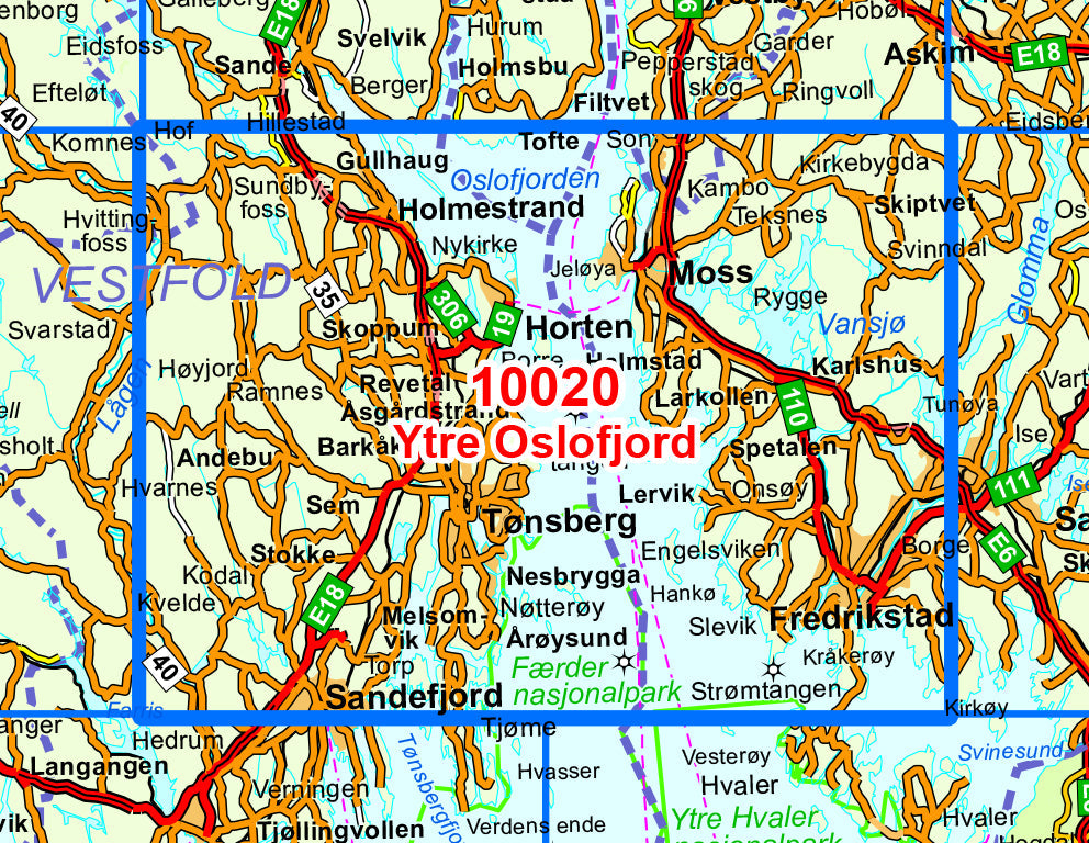 Carte de randonnée n° 10020 - Ytre Oslofjord (Norvège) | Nordeca - Norge-serien carte pliée Nordeca 