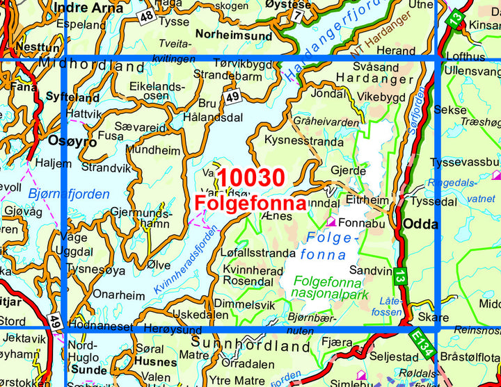 Carte de randonnée n° 10030 - Folgefonna (Norvège) | Nordeca - Norge-serien carte pliée Nordeca 