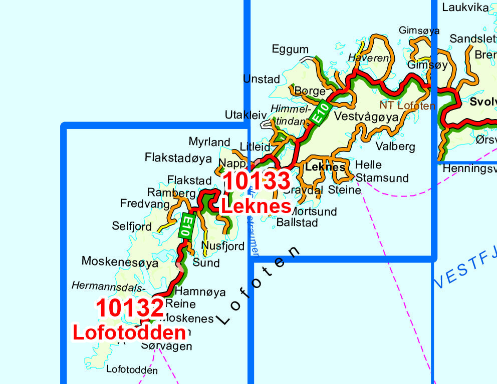 Carte de randonnée n° 10133 - Leknes (Iles Lofoten) (Norvège) | Nordeca - Norge-serien carte pliée Nordeca 