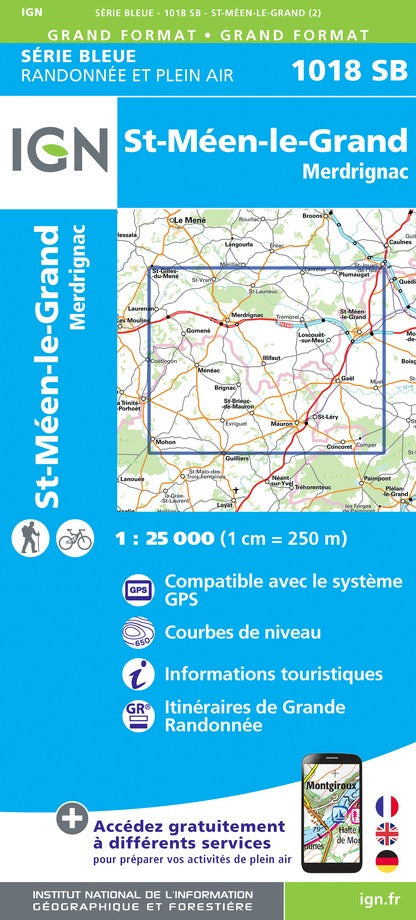 Carte de randonnée n° 1018 - St-Méen-le-Grand, Merdrignac | IGN - Série Bleue carte pliée IGN 