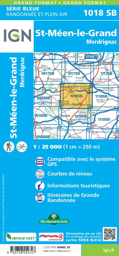 Carte de randonnée n° 1018 - St-Méen-le-Grand, Merdrignac | IGN - Série Bleue carte pliée IGN 