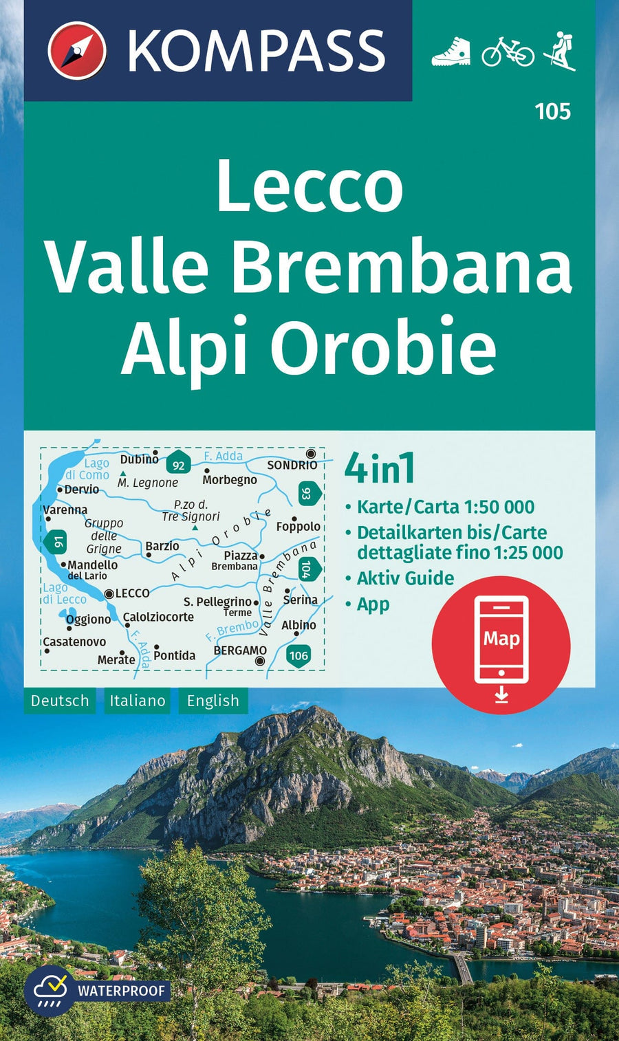 Carte de randonnée n° 105 - Lecco, Valle Brembana (Italie) | Kompass carte pliée Kompass 