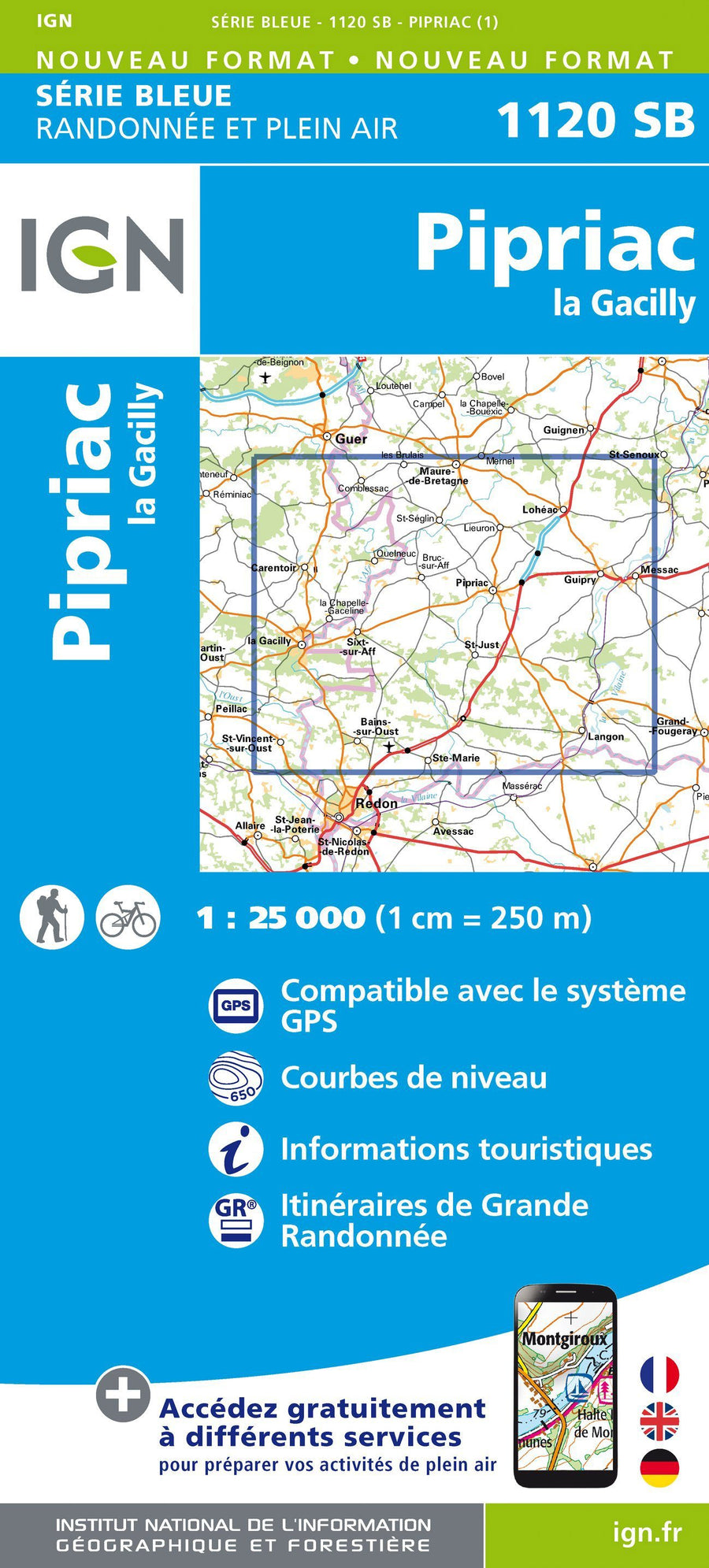 Carte de randonnée n° 1120 - Pipriac, La Gacilly | IGN - Série Bleue carte pliée IGN 