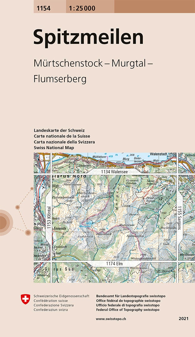 Carte de randonnée n° 1154 - Spitzmeilen (Suisse) | Swisstopo - 1/25 000 carte pliée Swisstopo 