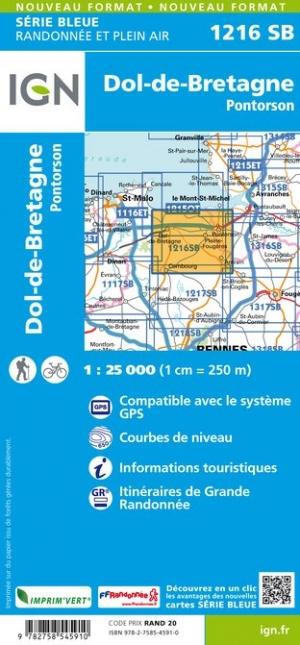 Carte de randonnée n° 1216 - Dol-de-Bretagne, Pontorso | IGN - Série Bleue carte pliée IGN 