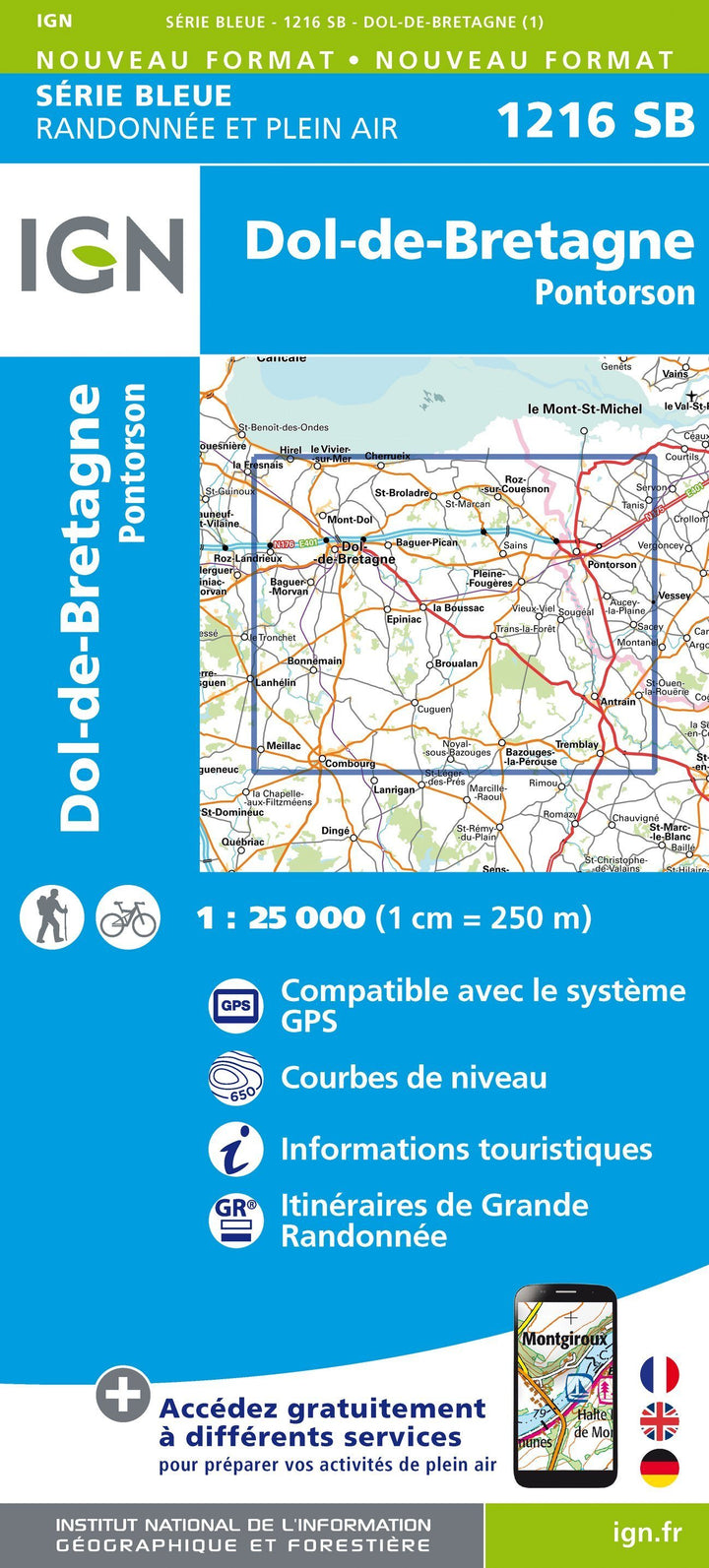 Carte de randonnée n° 1216 - Dol-de-Bretagne, Pontorso | IGN - Série Bleue carte pliée IGN 