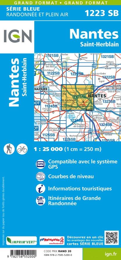 Carte de randonnée n° 1223 - Nantes, St-Herblain | IGN - Série Bleue carte pliée IGN 