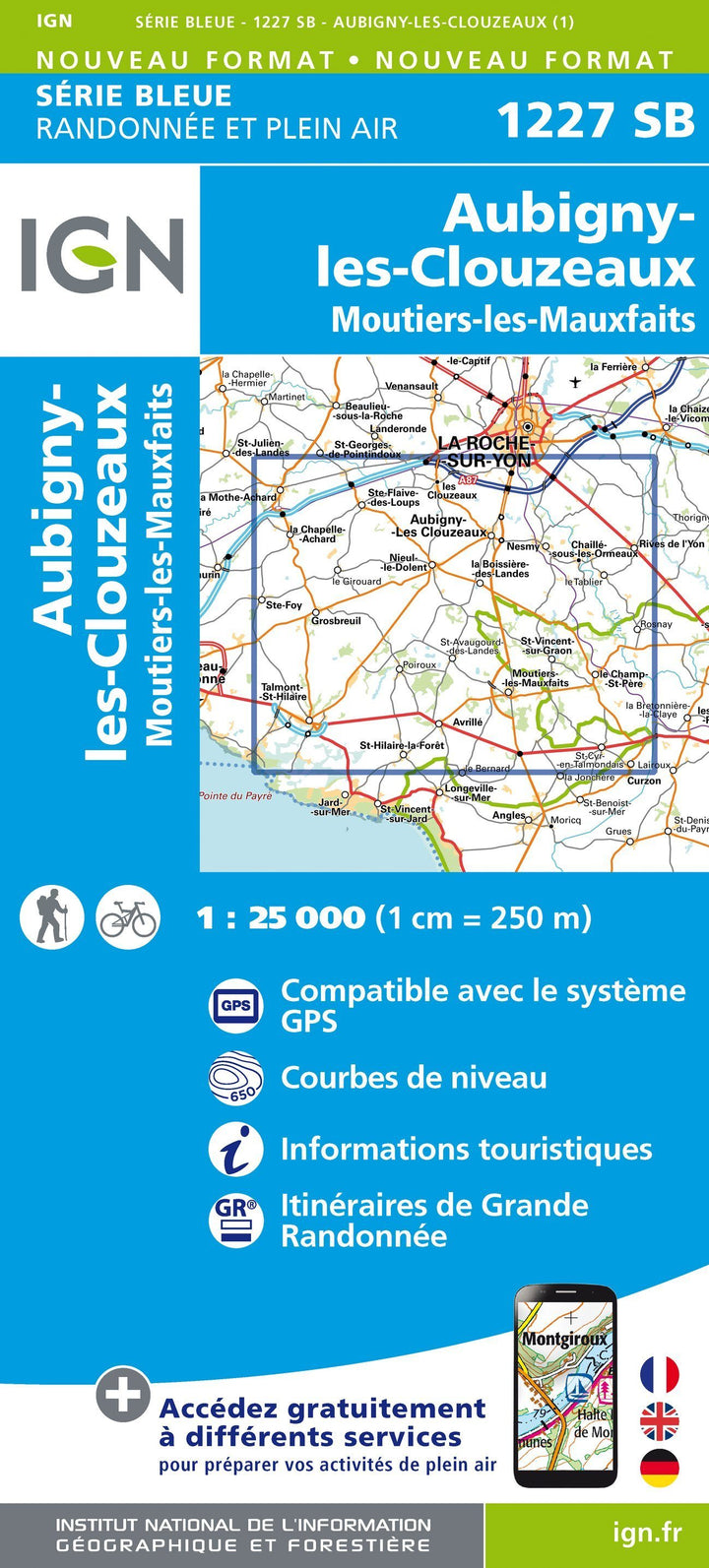Carte de randonnée n° 1227 - Aubigny-Les-Clouzeaux, Moutiers-les-Mauxfaits | IGN - Série Bleue carte pliée IGN 