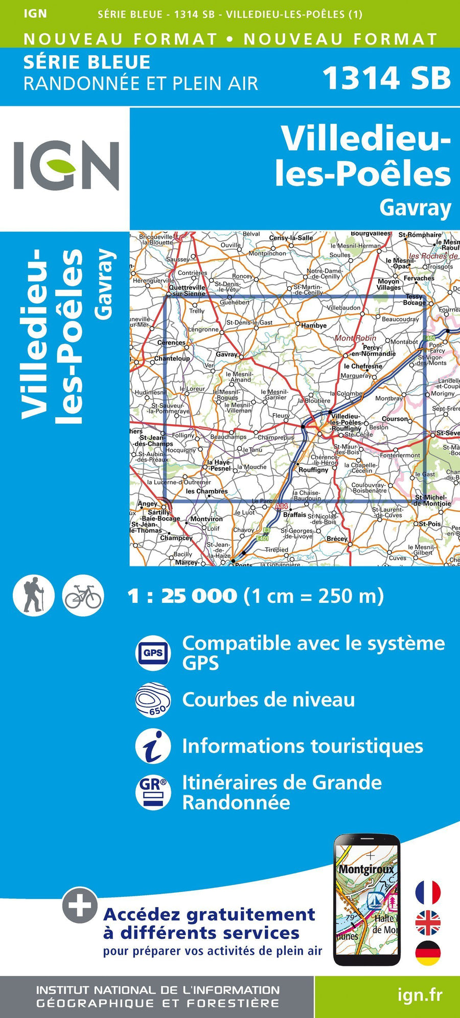 Carte de randonnée n° 1314 - Villedieu-les-Poëlles, Gavray | IGN - Série Bleue carte pliée IGN 