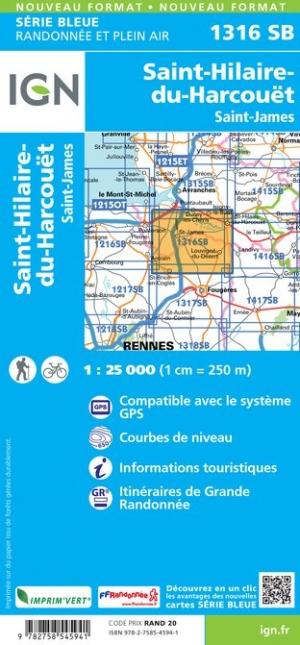 Carte de randonnée n° 1316 - Saint-Hilaire-du-Harcouët, St-James | IGN - Série Bleue carte pliée IGN 