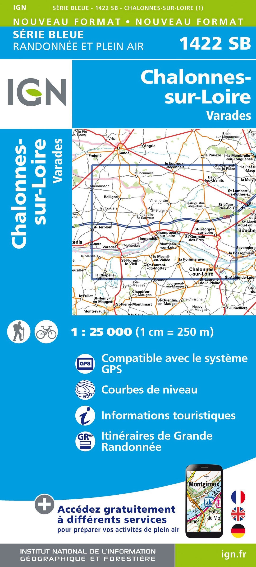 Carte de randonnée n° 1422 - Chalonnes-sur-Loire, Varades | IGN - Série Bleue carte pliée IGN 