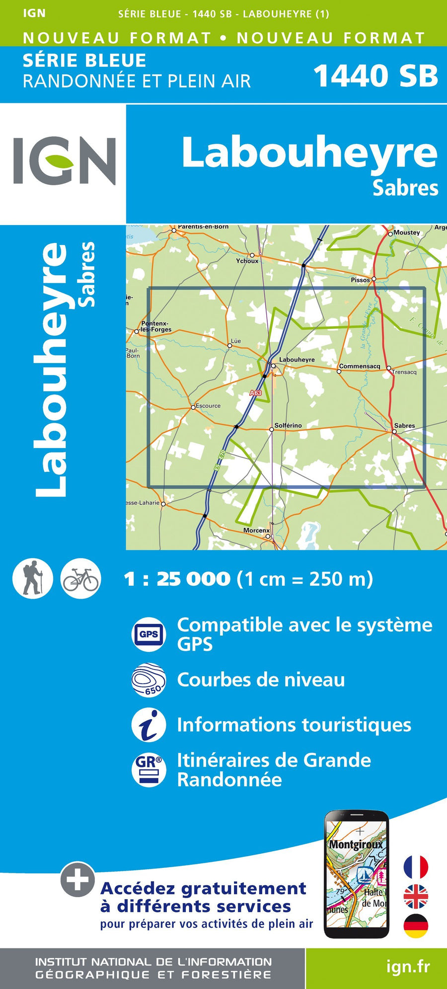 Carte de randonnée n° 1440 - Labouheyre, Sabres | IGN - Série Bleue carte pliée IGN 