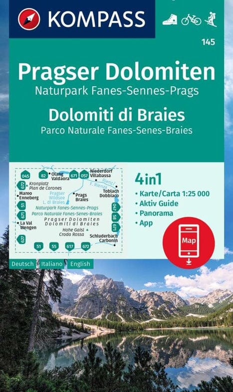 Carte de randonnée n° 145 - Pragser Dolomiten/ Dolomiti di Braies NP Fanes-Sennes-Prags + Aktiv Guide (Italie) | Kompass carte pliée Kompass 