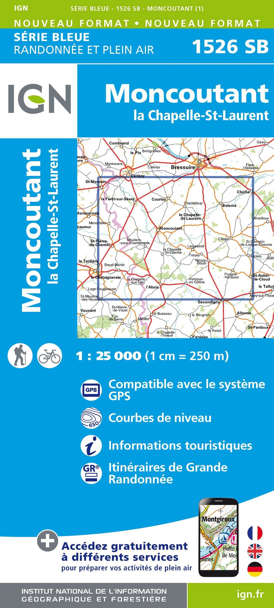Carte de randonnée n° 1526 - Moncoutant, La Chapelle-St-Laurent | IGN - Série Bleue carte pliée IGN 