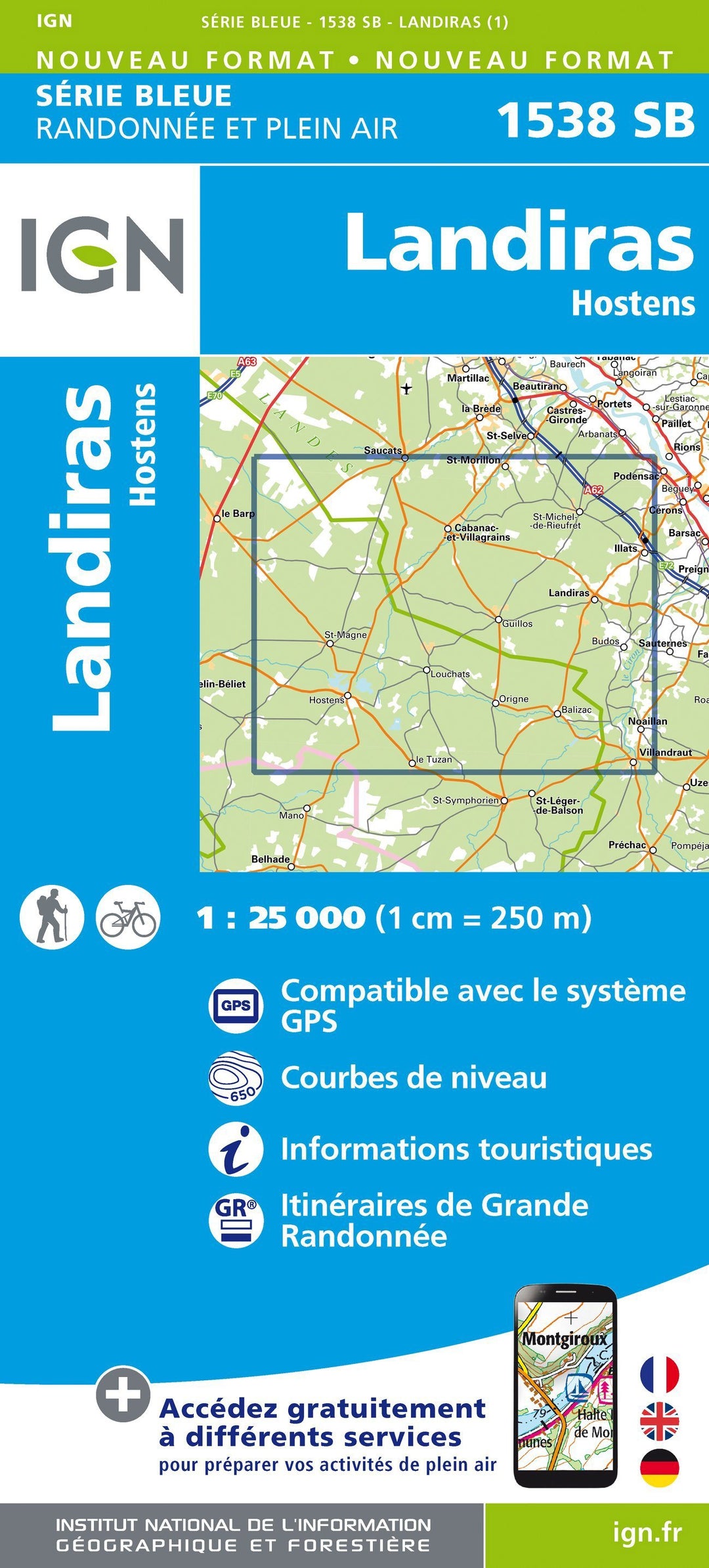Carte de randonnée n° 1538 - Landiras, Hostens | IGN - Série Bleue carte pliée IGN 
