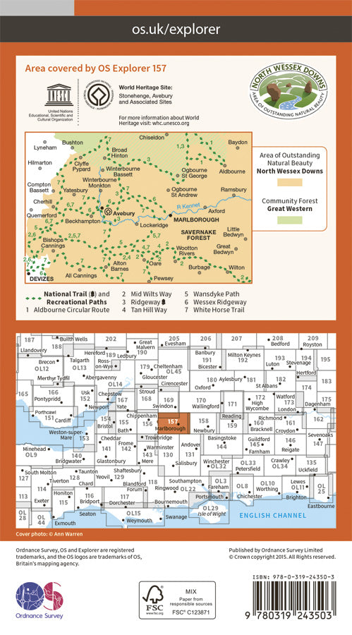 Carte de randonnée n° 157 - Marlborough, Savernake Forest (Grande Bretagne) | Ordnance Survey - Explorer carte pliée Ordnance Survey Papier 