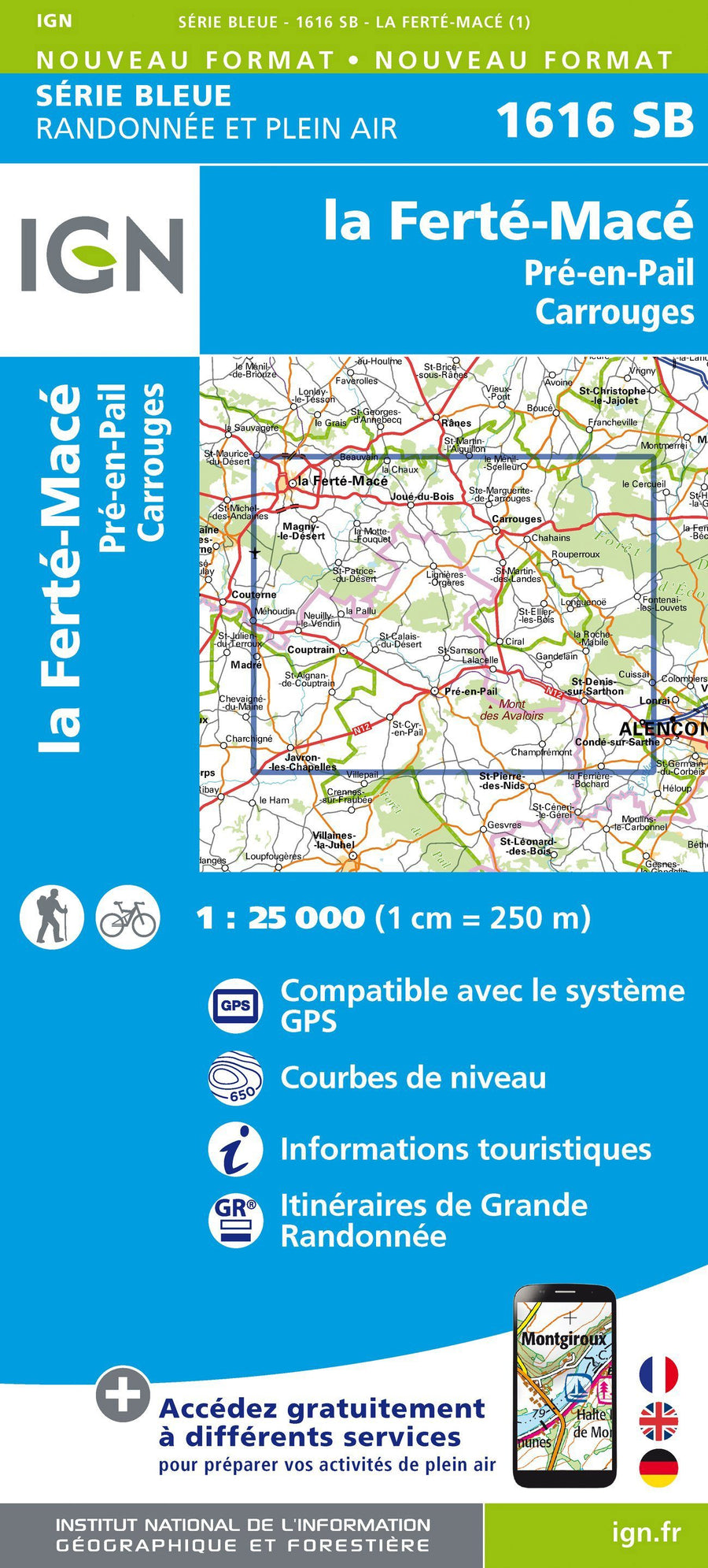 Carte de randonnée n° 1616 - La Ferté-Macé, Pré-en-Pail, Carrouges | IGN - Série Bleue carte pliée IGN 