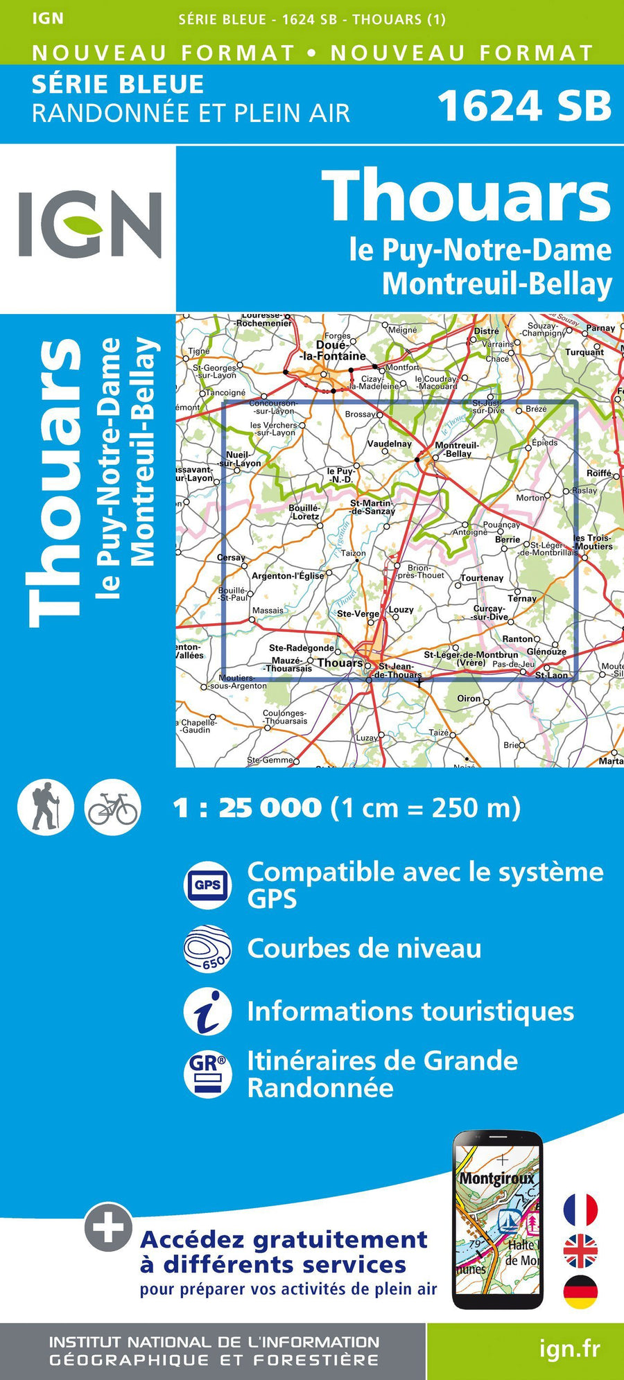 Carte de randonnée n° 1624 - Thouars, Le Puy-Notre-Dame, Montreuil-Bellay | IGN - Série Bleue carte pliée IGN 