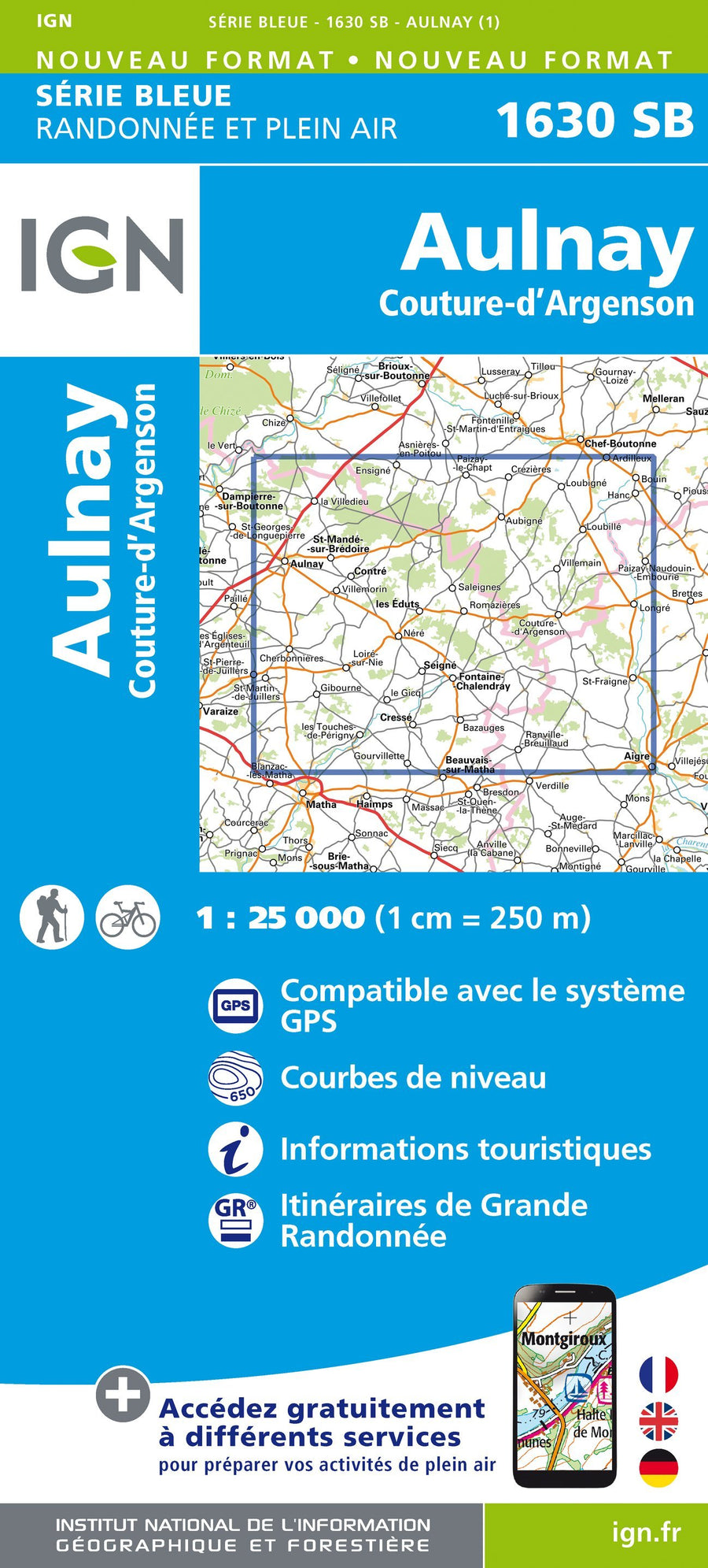 Carte de randonnée n° 1630 - Aulnay, Couture-d'Argenson | IGN - Série Bleue carte pliée IGN 