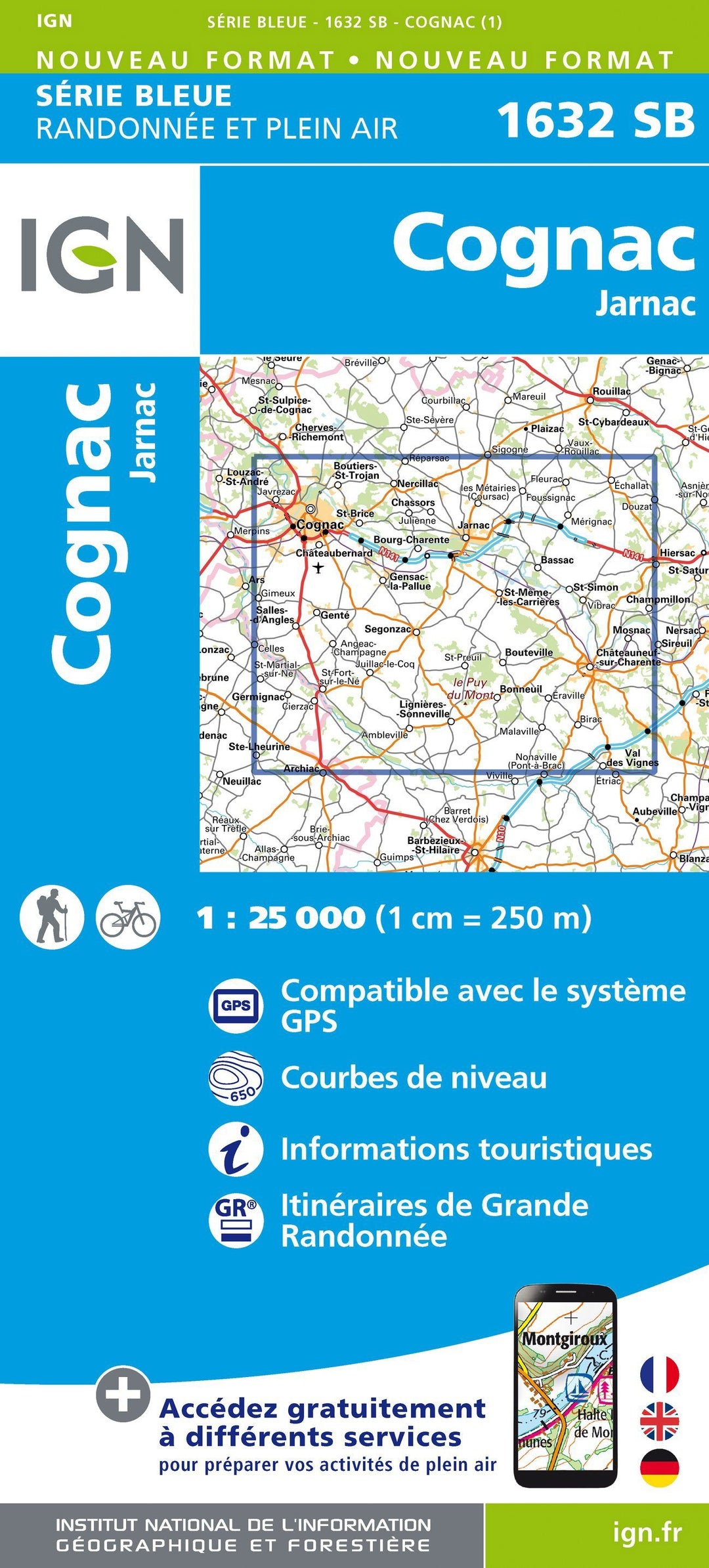 Carte de randonnée n° 1632 - Cognac, Jarnac | IGN - Série Bleue carte pliée IGN 