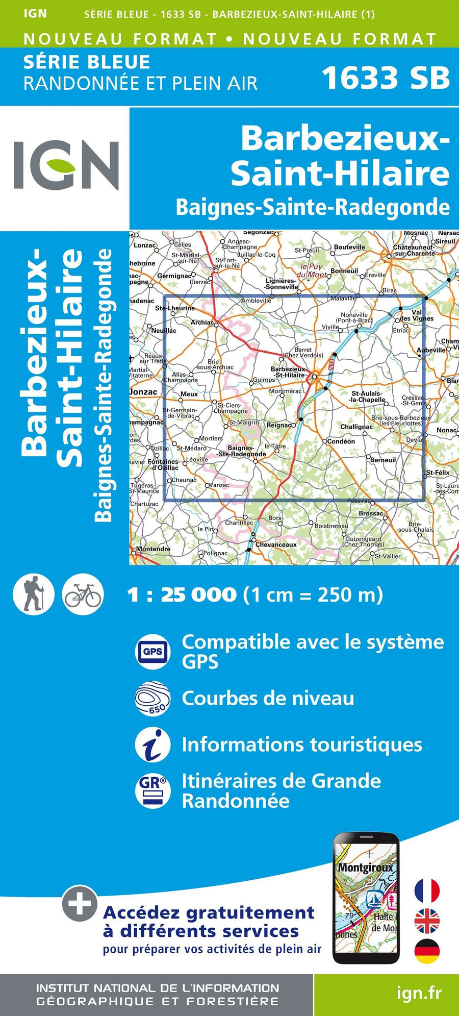 Carte de randonnée n° 1633 - Barbezieux-St-Hilaire, Baignes-Ste-Radegonde | IGN - Série Bleue carte pliée IGN 