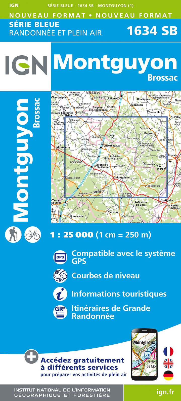 Carte de randonnée n° 1634 - Montguyon, Brossac | IGN - Série Bleue carte pliée IGN 
