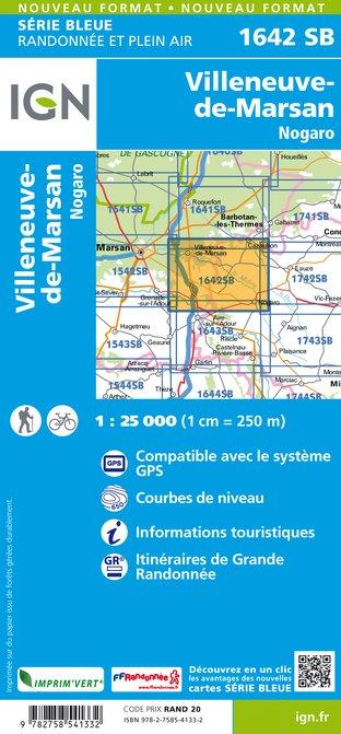 Carte de randonnée n° 1642 - Villeneuve-de-Marsan, Nogaro | IGN - Série Bleue carte pliée IGN 