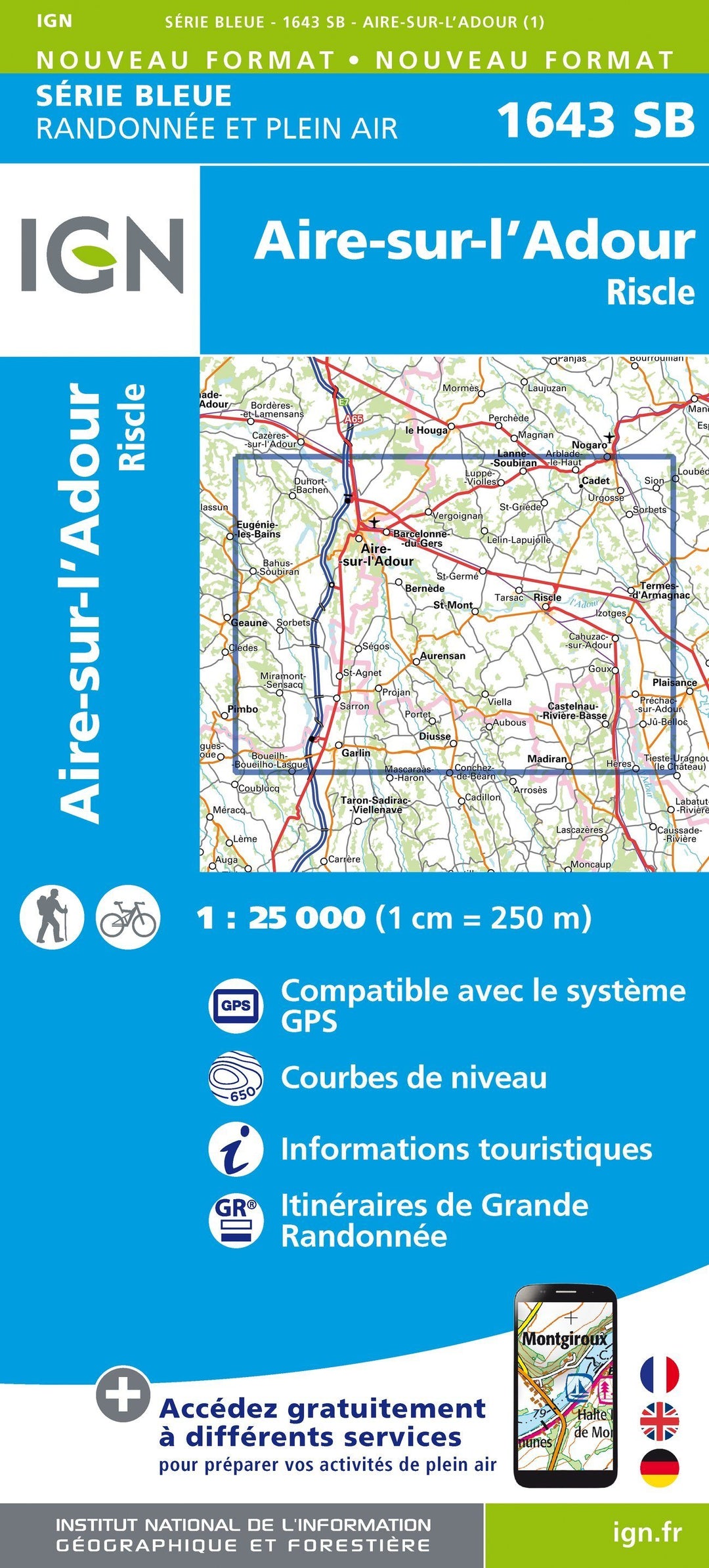 Carte de randonnée n° 1643 - Aire-sur-l'Adour, Riscle | IGN - Série Bleue carte pliée IGN 