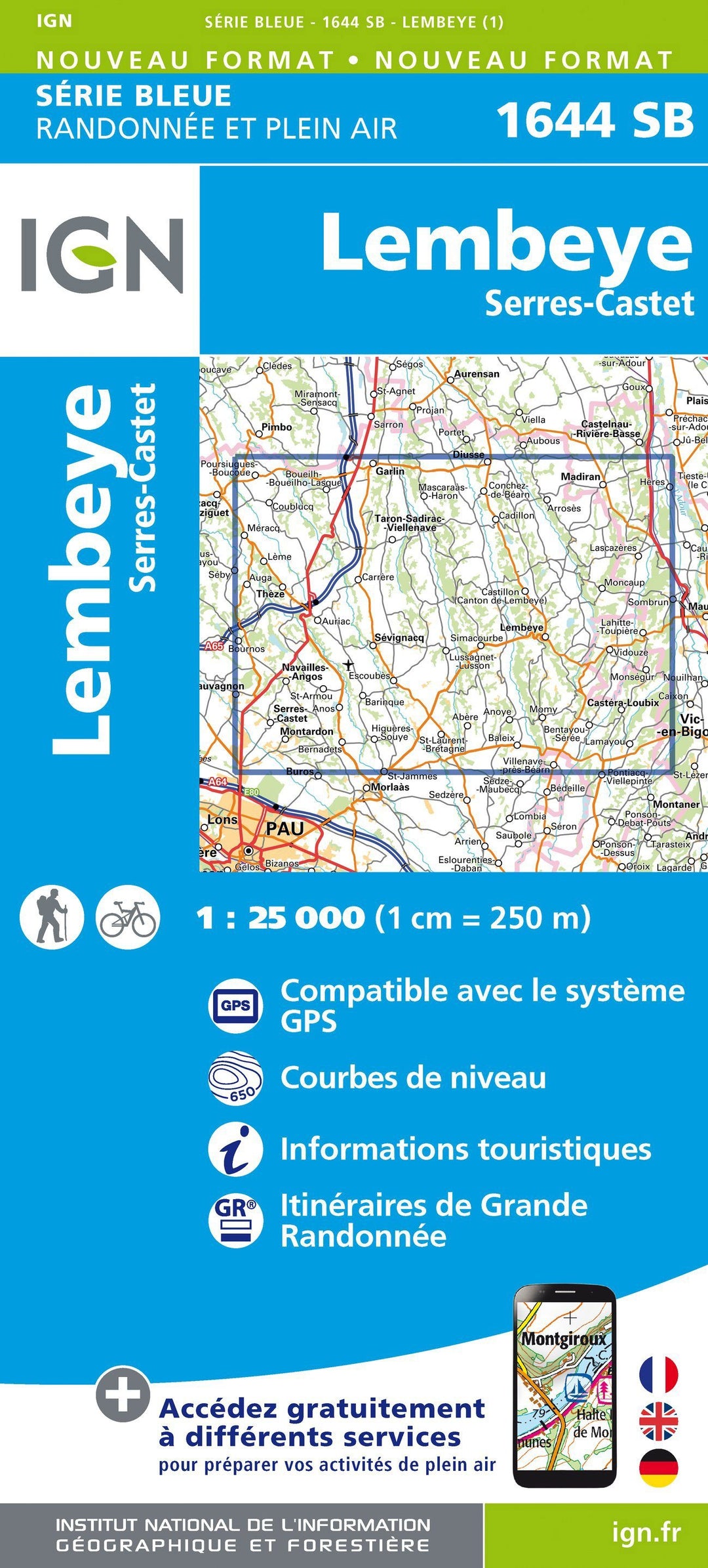 Carte de randonnée n° 1644 - Lembeye, Serres-Castet | IGN - Série Bleue carte pliée IGN 