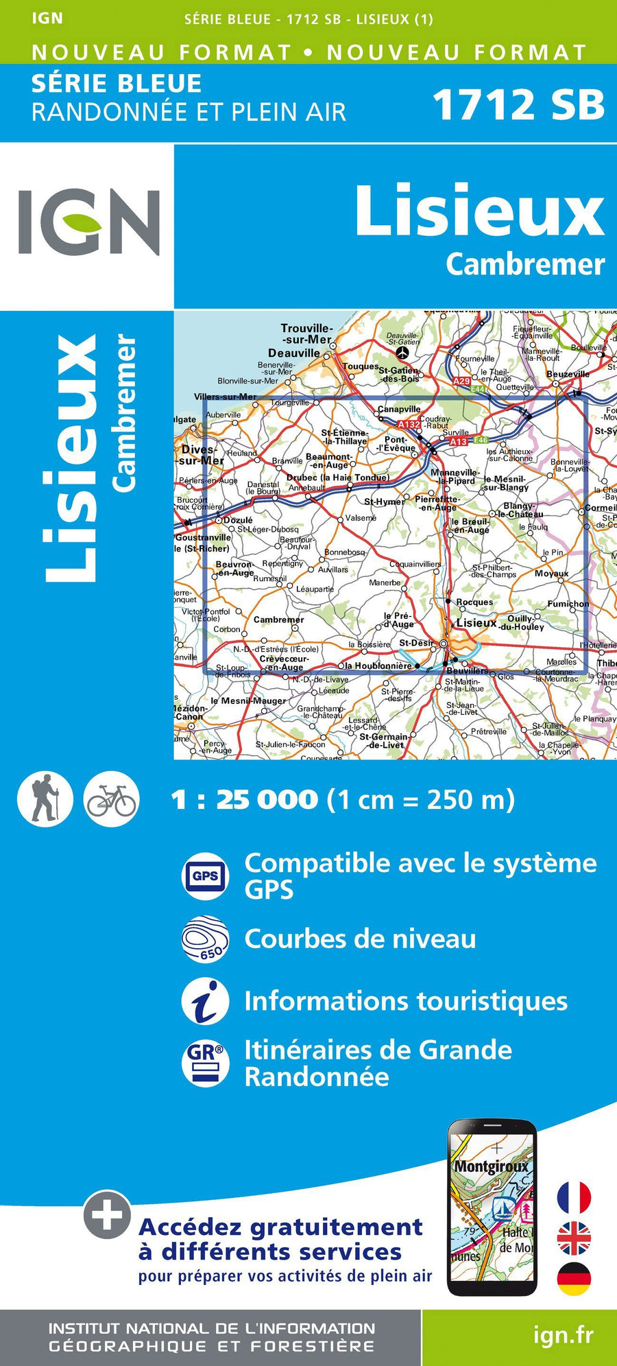 Carte de randonnée n° 1712 - Lisieux, Cambremer | IGN - Série Bleue carte pliée IGN 