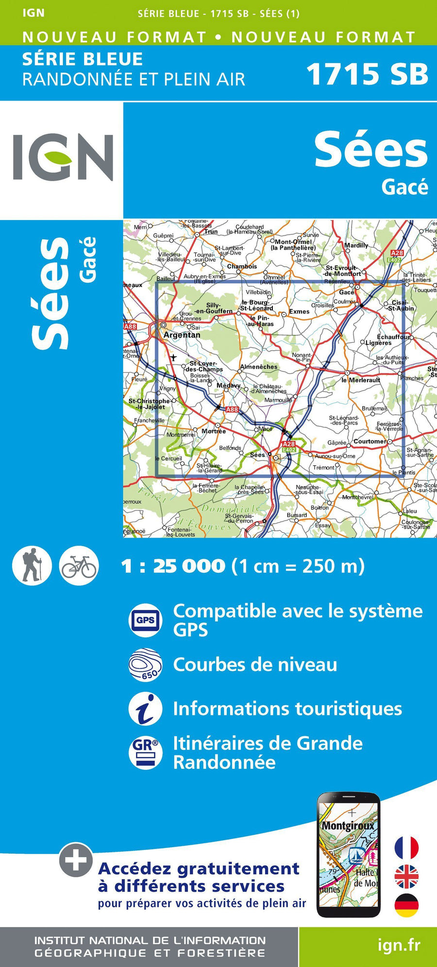 Carte de randonnée n° 1715 - Sées, Gace | IGN - Série Bleue carte pliée IGN 