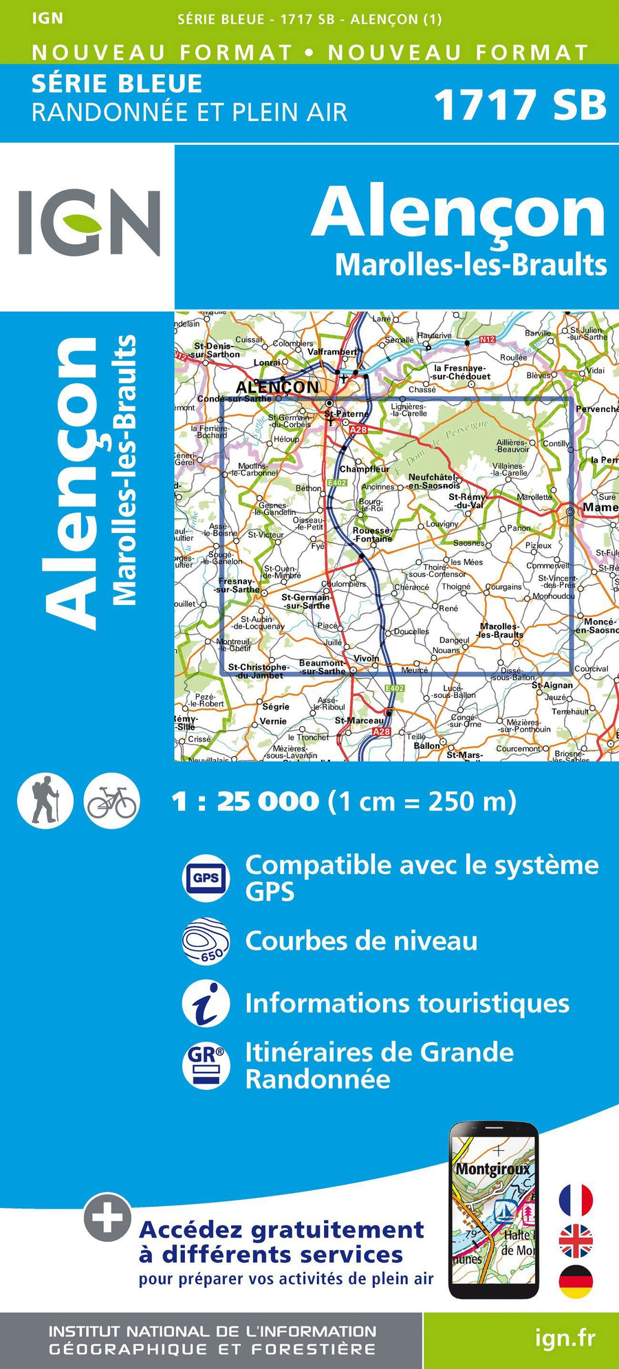 Carte de randonnée n° 1717 - Alençon, Marolles-les-Braults | IGN - Série Bleue carte pliée IGN 