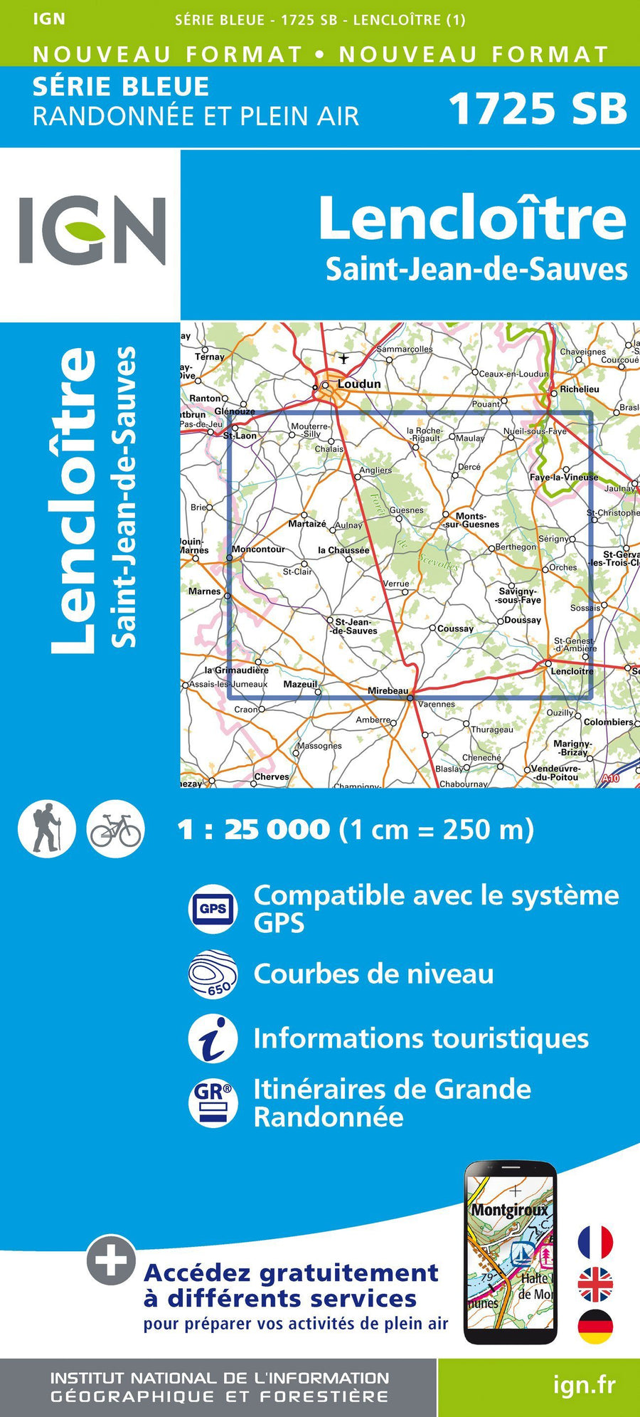 Carte de randonnée n° 1725 - Lencloître, St-Jean-de-Sauves | IGN - Série Bleue carte pliée IGN 